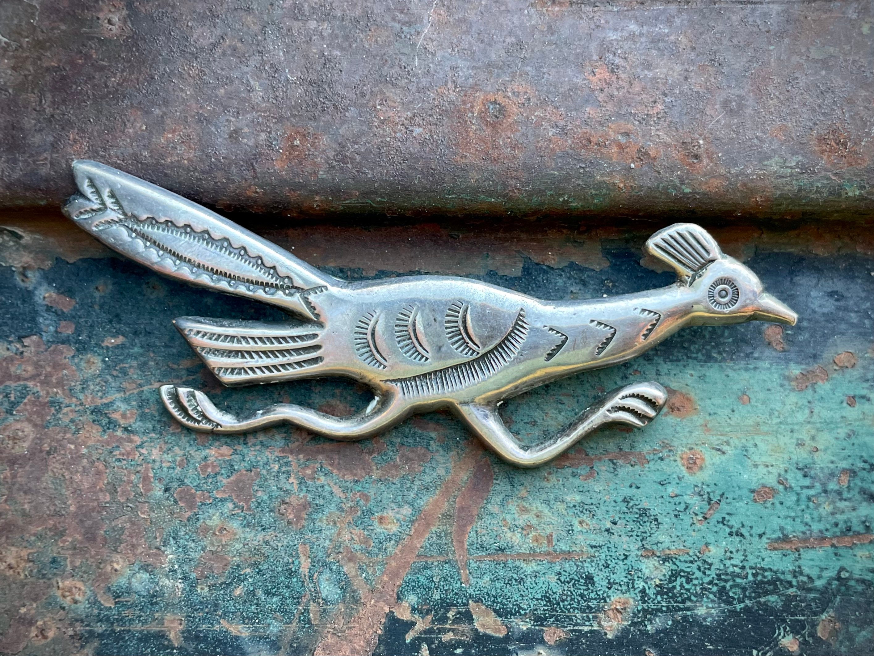 17g Vintage Sandcast Ingot Silver Roadrunner Brooch Pin