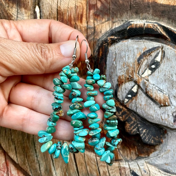 3" Turquoise Nugget Hoop Earrings for Women Native American Indian Jewelry, Chip Turquoise Dangle Hippie Style, Girlfriend Gift Under 90