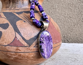 Navajo Sterling Silver Charoite Pendant on Purple Bead Necklace Approx 24”