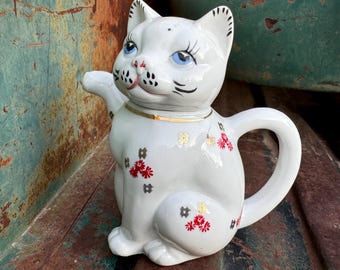 Vintage Cat Teapot Head Comes Off and Paw for Spout, Floral Design, Shelf Display