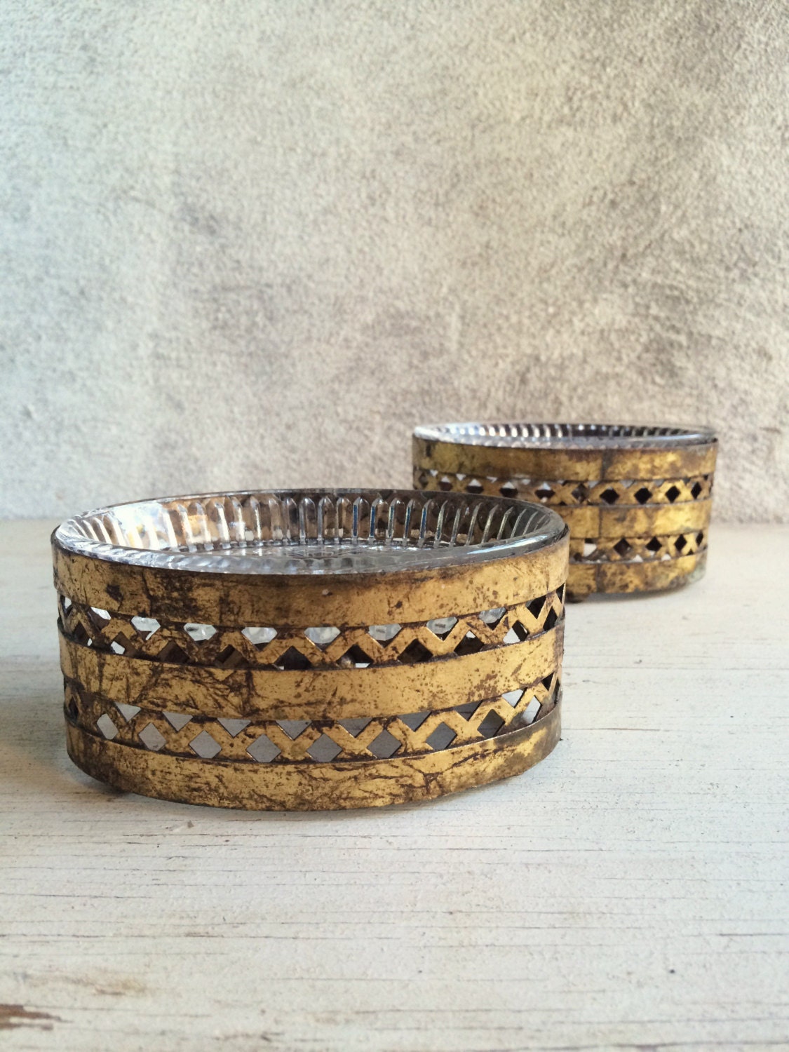 Pair of vintage pressed glass soap dishes gilded gold tone holder, soap