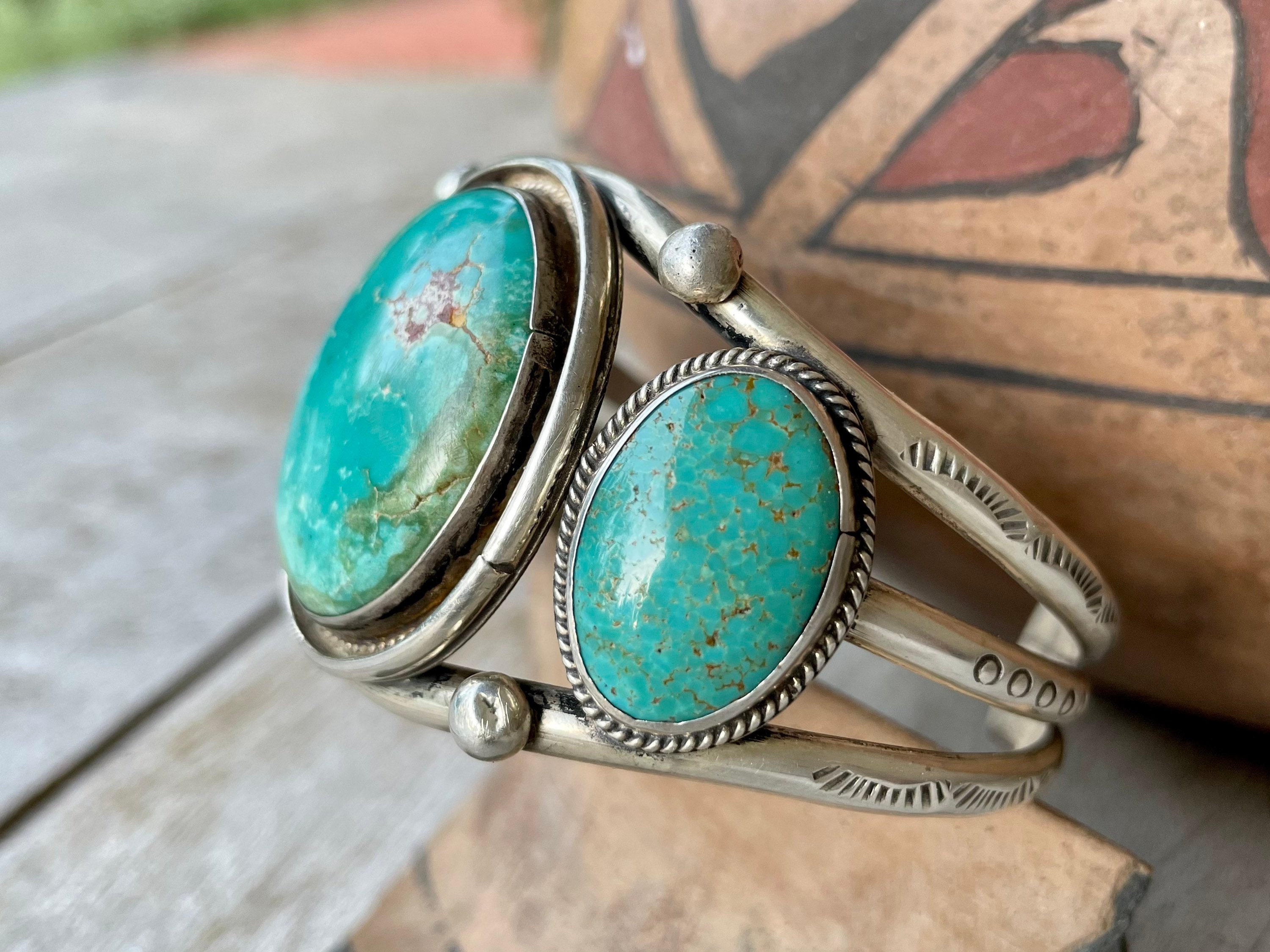 Vintage Turquoise and Sterling Silver Three Stone Cuff Bracelet for