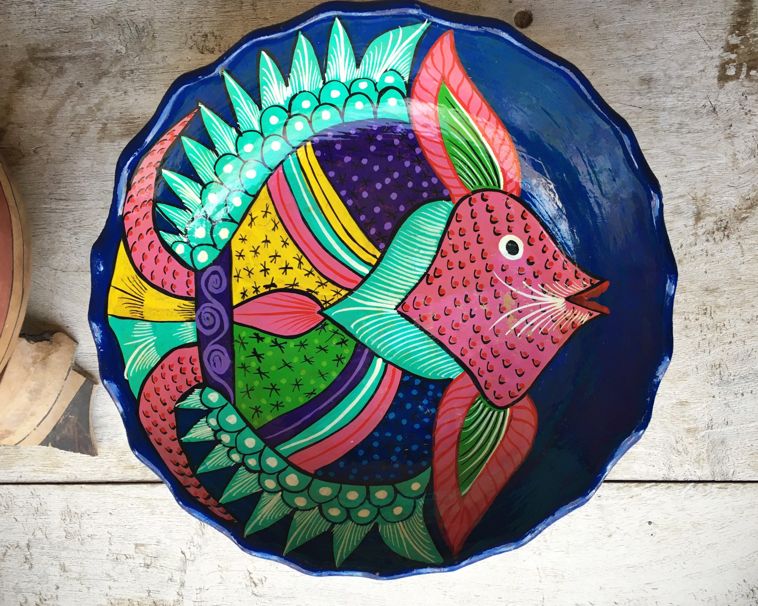 Vintage 10 Mexican Pottery Storyteller Bowl in Fish Design, Seaside