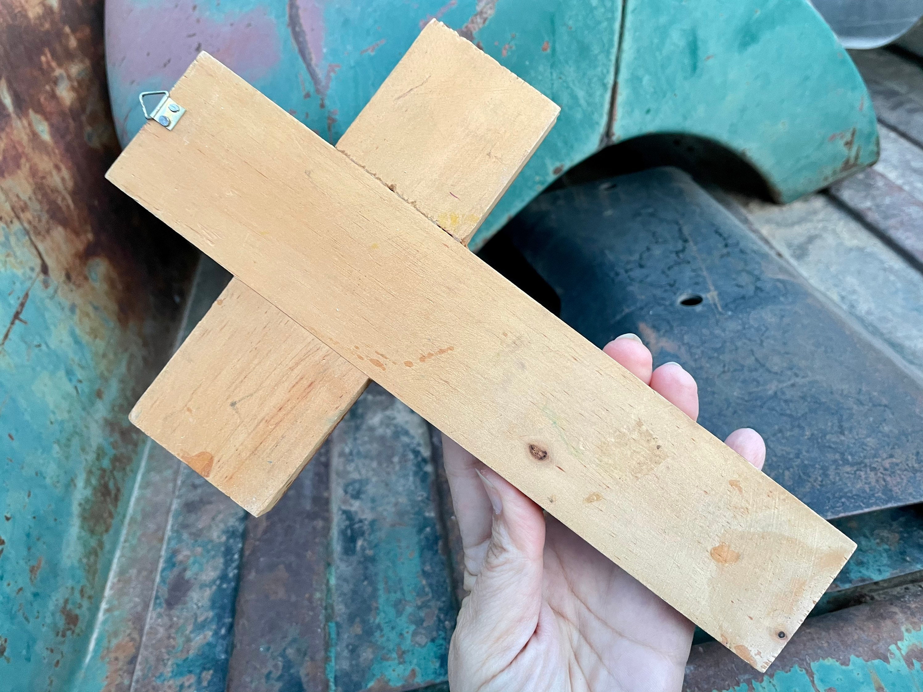 Vintage Wooden Wall Cross from El Salvador 10 Animals Birds Butterfly,  Southwestern Decor Colorful
