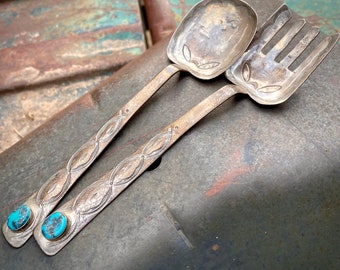 Vintage Navajo Marie Silver Morenci Turquoise Approx 7" Serving Set Fork & Spoon, Native American