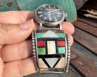 Vintage Navajo Cecil Ashley Sterling Silver Multi Stone Watch Tips 