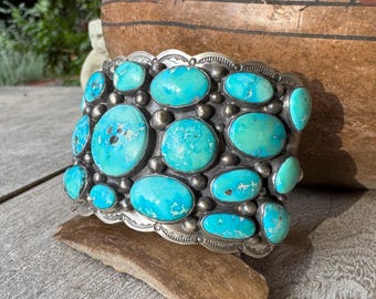 Navajo Tom Lewis Turquoise Cluster Cuff Bracelet Size 6.75, Heavy 104g, Southwestern Statement