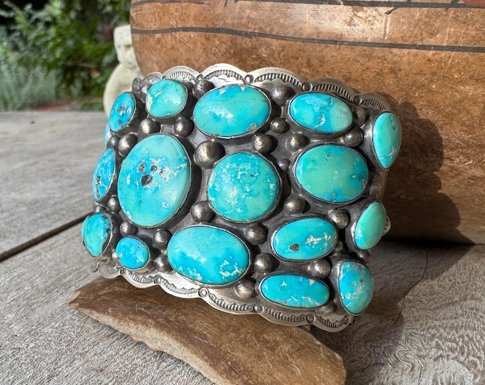 Featured listing image: Navajo Tom Lewis Turquoise Cluster Cuff Bracelet Size 6.75, Heavy 104g, Southwestern Statement