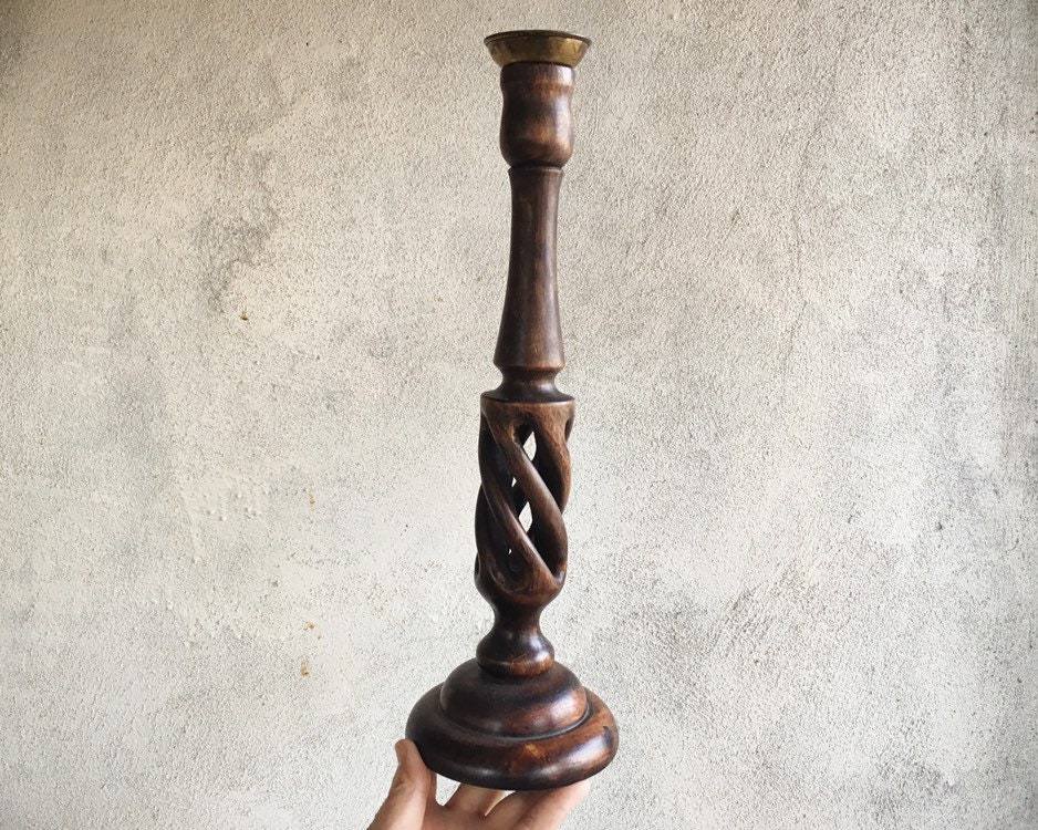 Pair of Vintage Dark Brown Spiral Wood Tall Candlestick Candle Holders