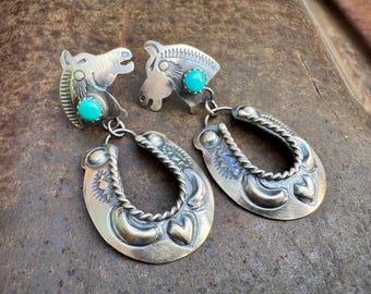Navajo Gabrielle Yazzie Sterling Silver Turquoise Horse w/ Horseshoe Dangle Earrings