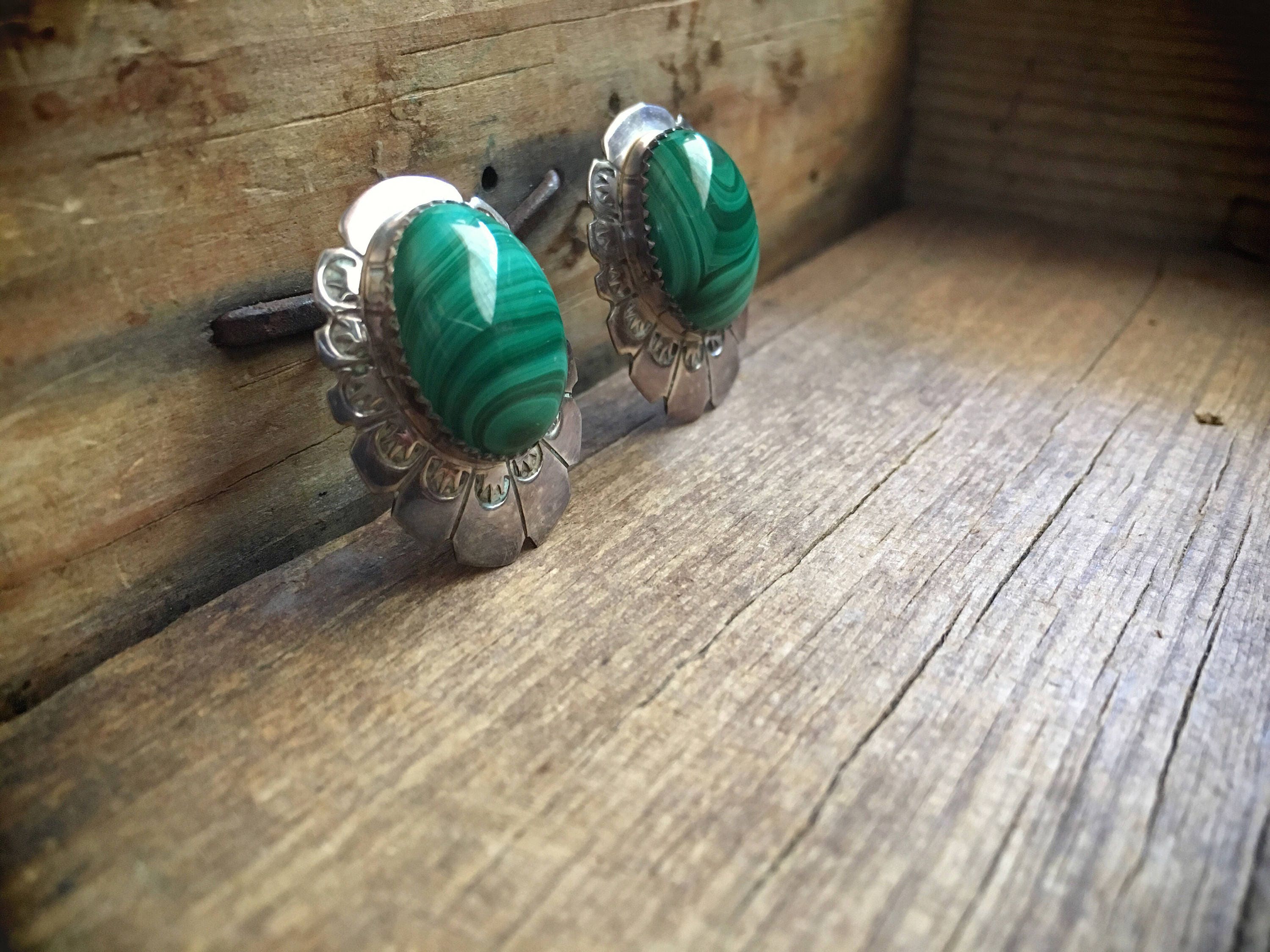 Amazing Vintage Native American Navajo Malachite Sterling Silver Concho Earrings Amazing Vintage Native American Navajo Malachite Sterling Silver Concho Earrings