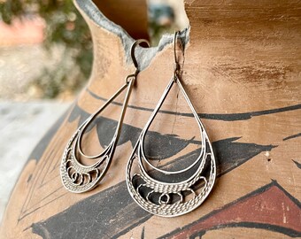 Vintage Silver Filigree Teardrop Shaped Hoop Earrings, Mexican Spanish Colonial Taxco Jewelry