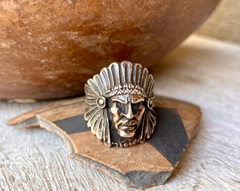 Vintage Indian Chief Cast Silver Native American Chief Ring Unisex Approx Size 10, Biker Jewelry, Gift Boyfriend Husband Motorcycle Lover