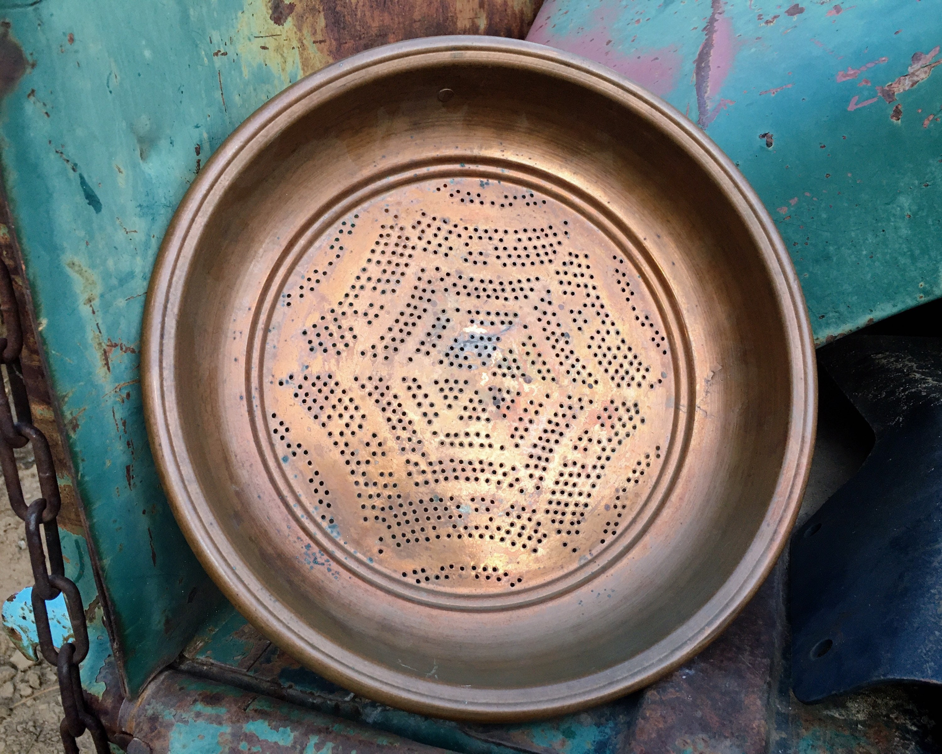 Heavy Vintage Copper Sieve Colander Wall Hanging, Rustic Kitchen Decor