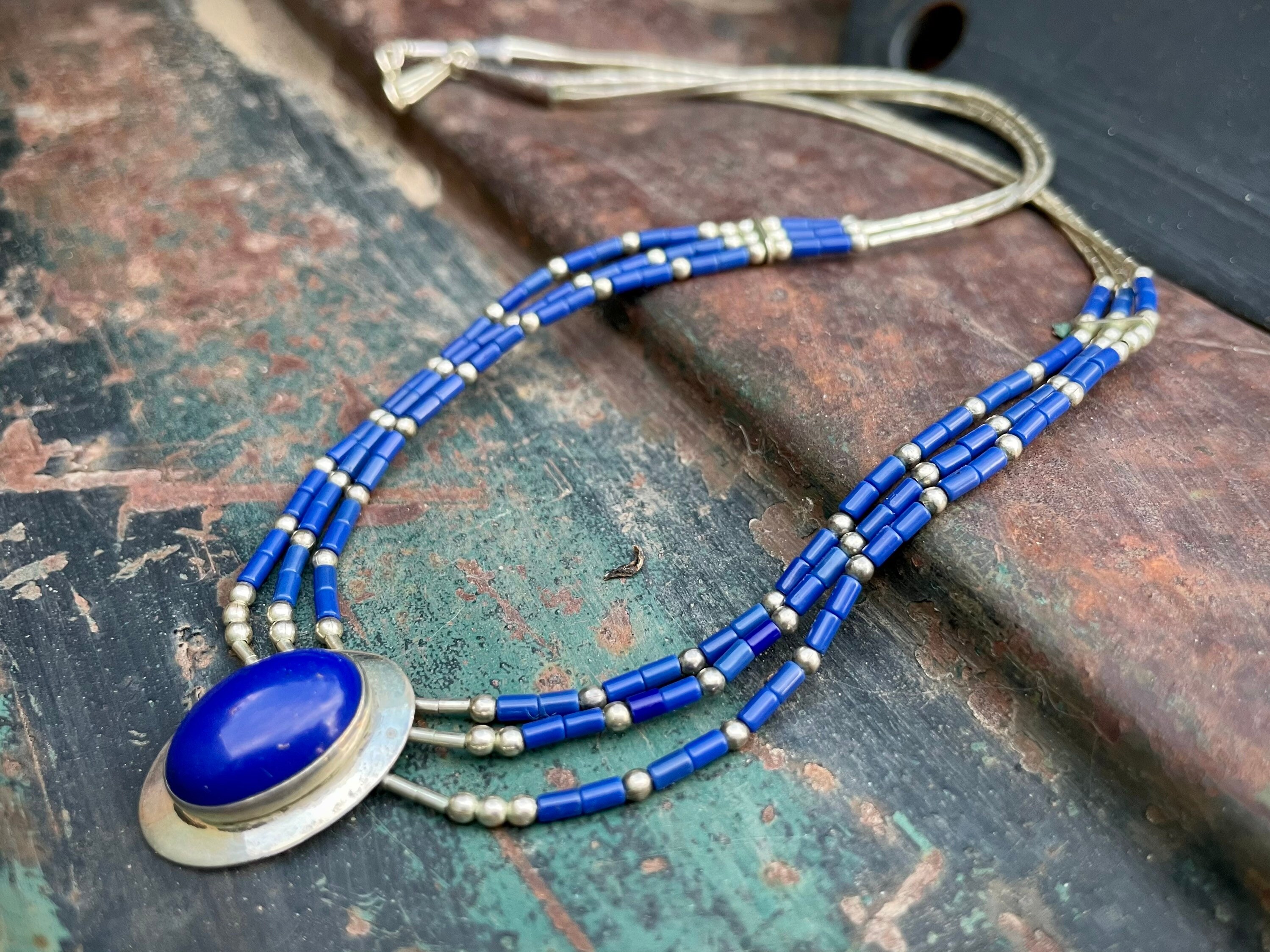 Tubule Lapis Turquoise Sterling Silver Native American Navajo Heishi Necklace Tubule Lapis Turquoise Sterling Silver Native American Navajo Heishi Necklace