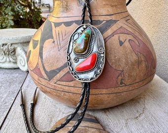 Vintage Navajo Johnny Frank Turquoise & Coral Bolo Tie, Western Necktie