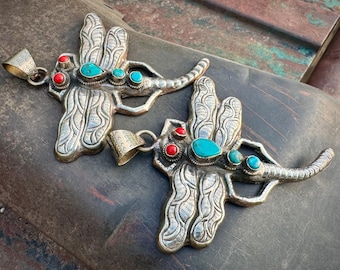 Two Turquoise Coral Dragonfly Pendants in Silver Plated Bezel for Jewelry Making