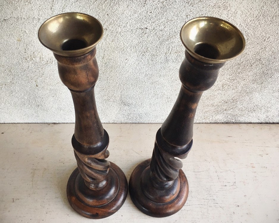 Pair of Vintage Dark Brown Spiral Wood Tall Candlestick Candle Holders