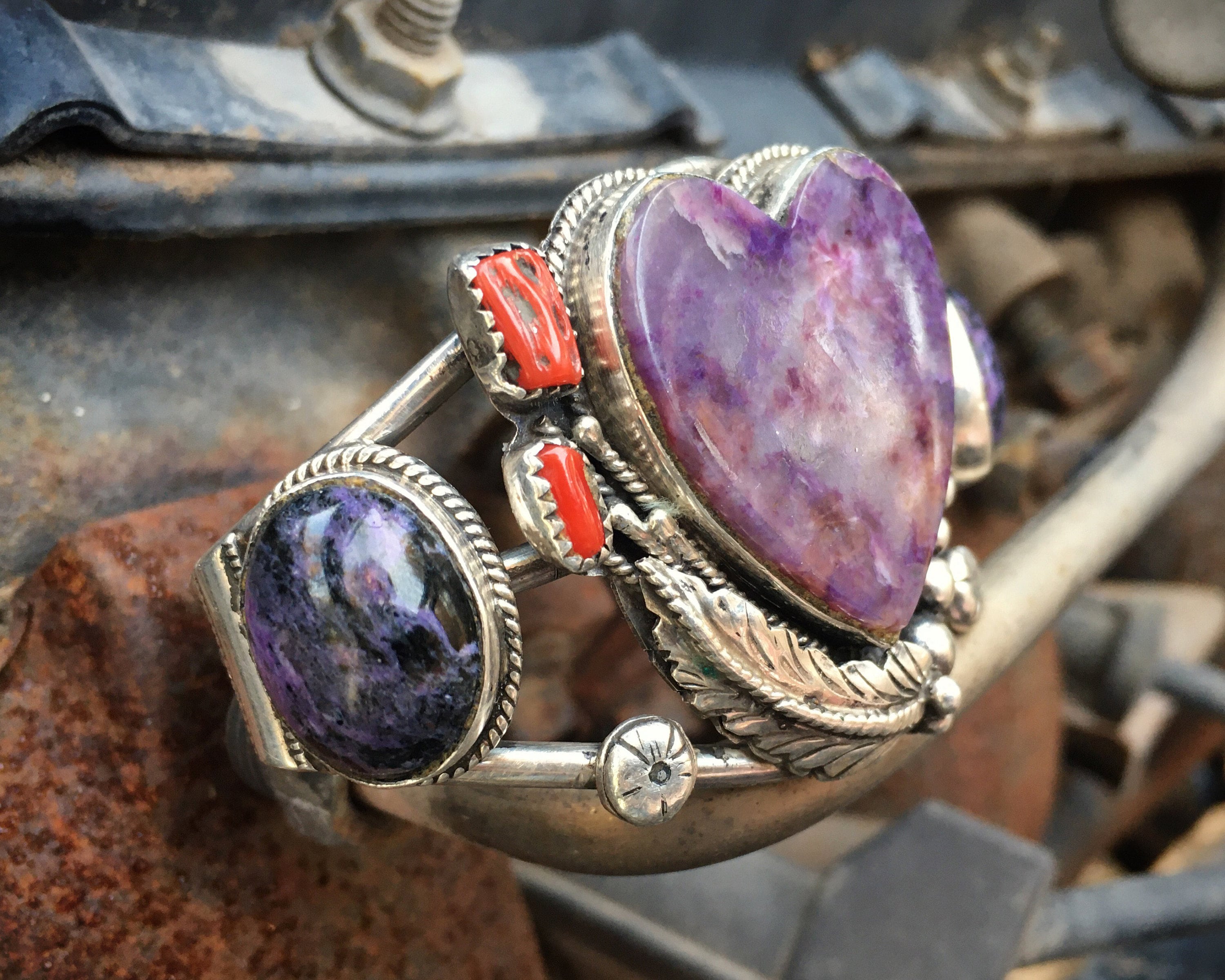 Native American Heavy Vintage Southwestern Sterling Silver Sugilite Bracelet Cuff Native American Heavy Vintage Southwestern Sterling Silver Sugilite Bracelet Cuff