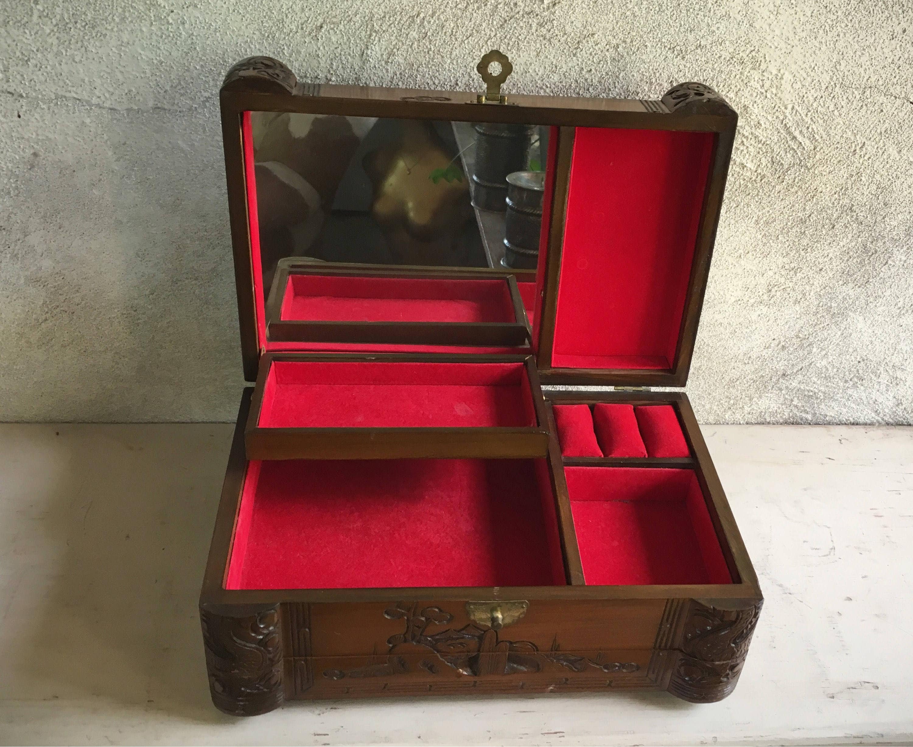 Vintage Asian wooden jewelry box hand carved red velvet lined with