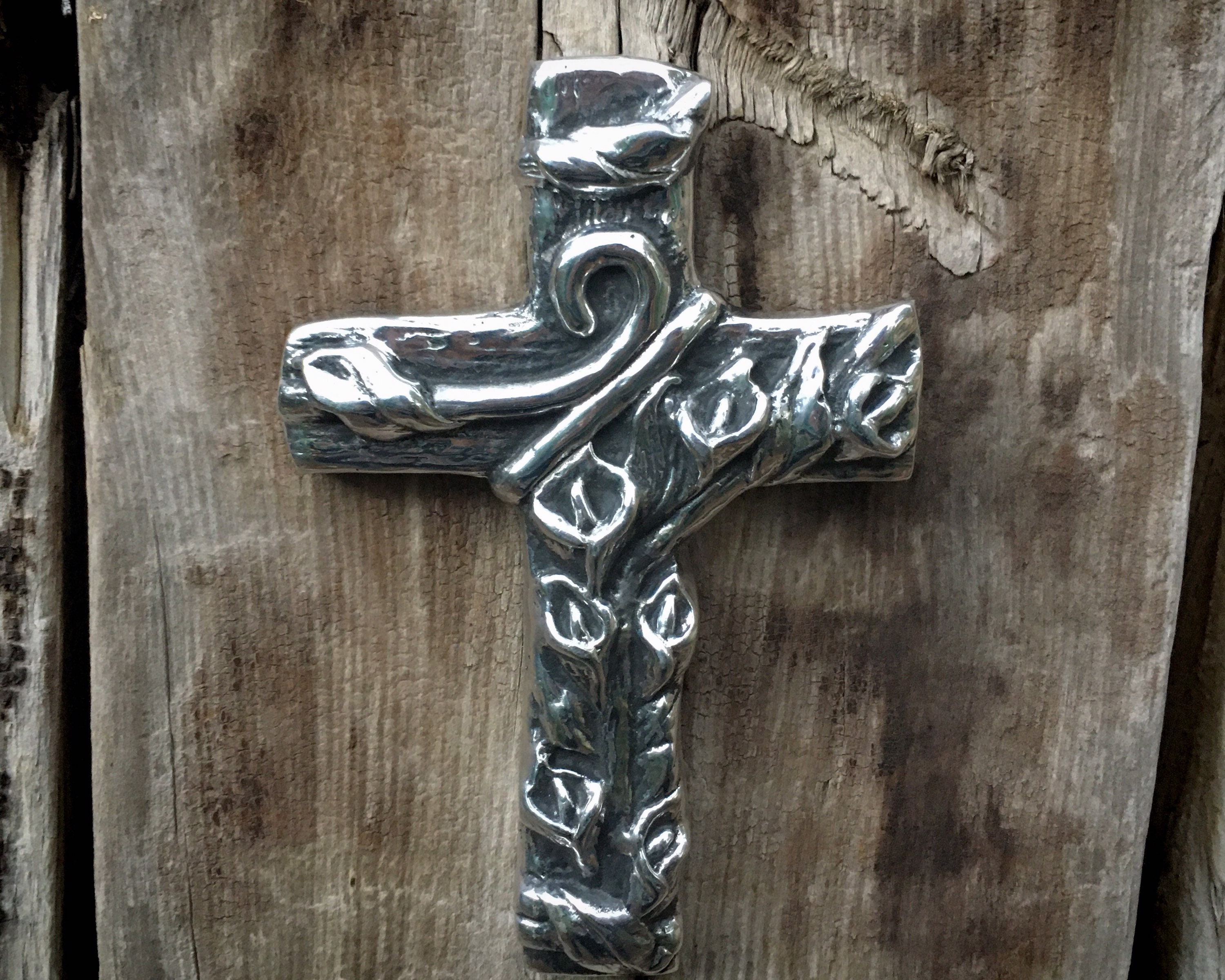 7 Mexican Wall Cross Pewter Metal Spanish Decor, Rustic Patio Wall Hanging, Catholic Gifts for