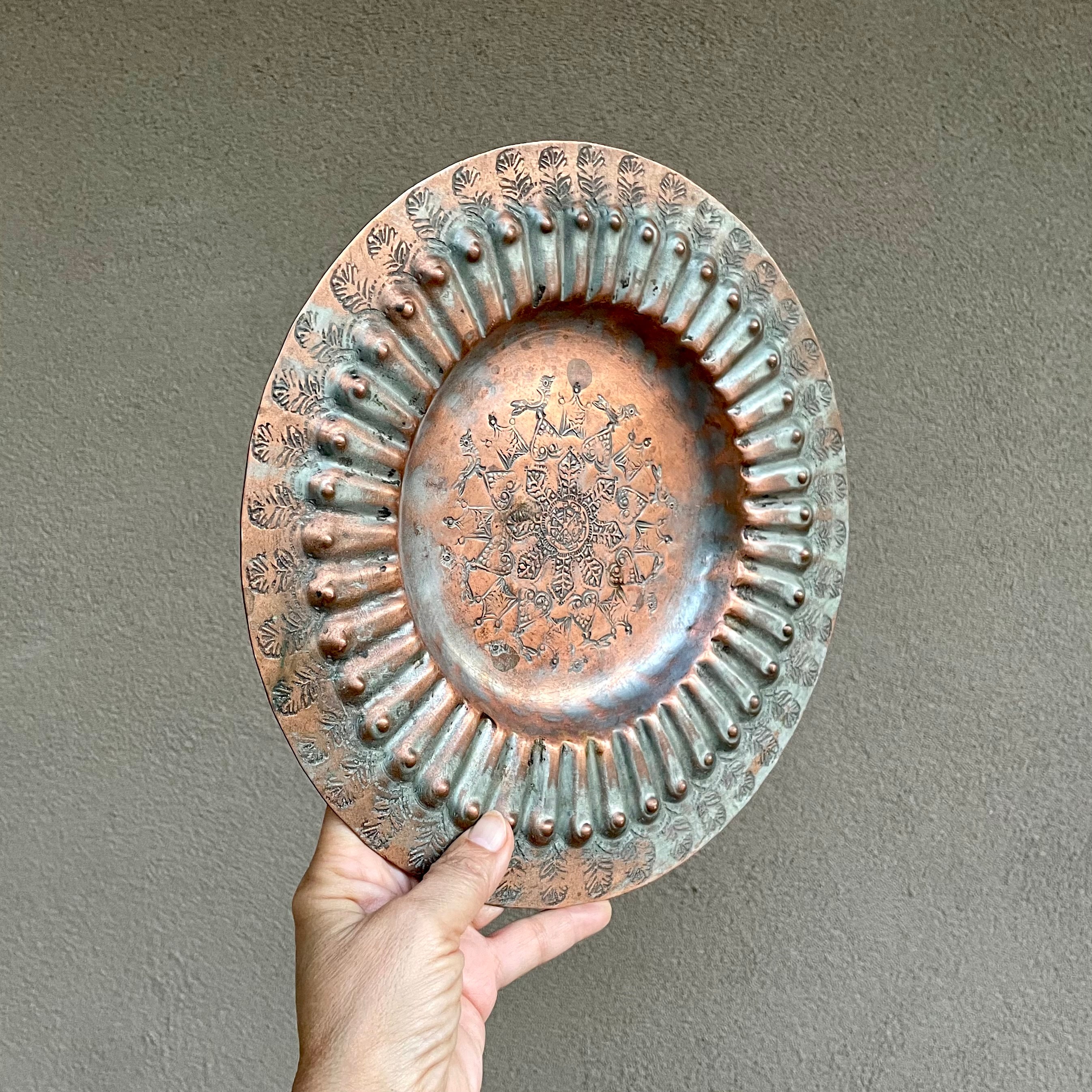 Vintage Hand Stamped Repousse Copper Plate 11 Diameter with Bird Designs,  Possibly Egyptian Made