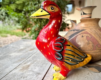 Vintage Red Paper Mache Duck Statue Mexican Folk Art, Southwestern Decor Whimsical