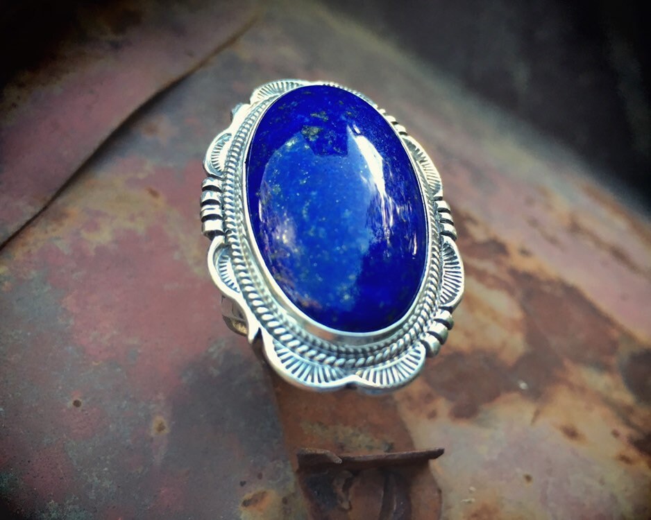 Thick Sturdy Native American Navajo Lapis Sterling Silver Signed Bracelet Thick Sturdy Native American Navajo Lapis Sterling Silver Signed Bracelet