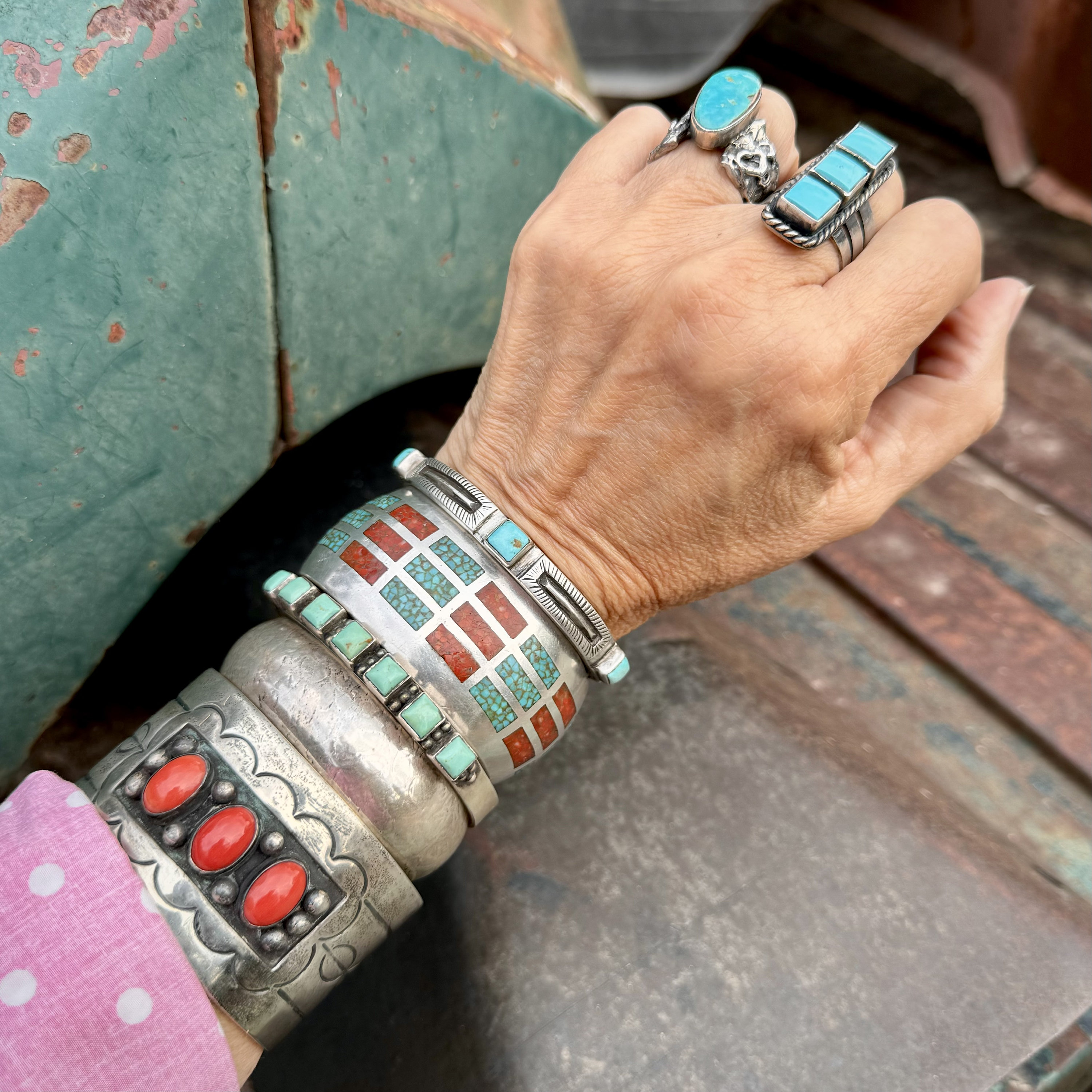 Important Native American Navajo Guild Turquoise Coral Sterling Silver Bracelet Cuff Important Native American Navajo Guild Turquoise Coral Sterling Silver Bracelet Cuff