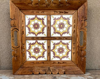 Vintage Mexican Tile in Carved Wood Frame Tray Size 14.5 x 14.5, Neutral Colors, Rustic Kitchen