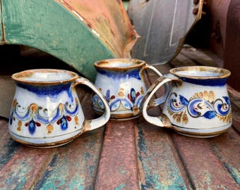Three Vintage Tonala Pottery Chocolate Mugs, Ceramic Coffee Cups, El Palomar Style