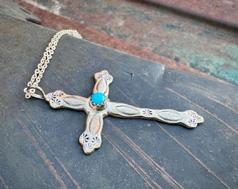 Vintage Sterling Silver Cross Pendant Necklace 18", Turquoise Dot, Navajo Style Jewelry