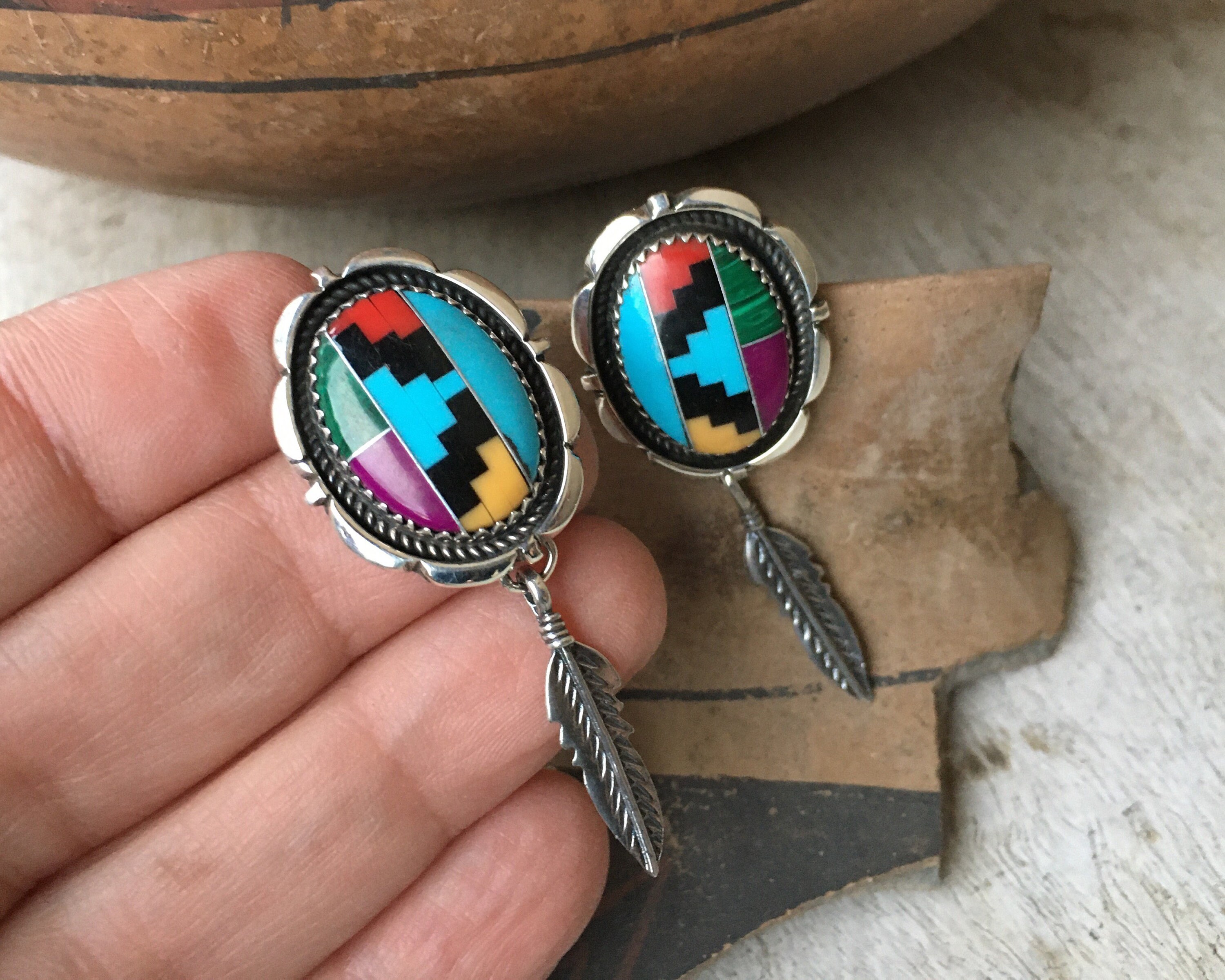 Sterling Silver Channel Inlay Turquoise Earrings with Feather, Native ...