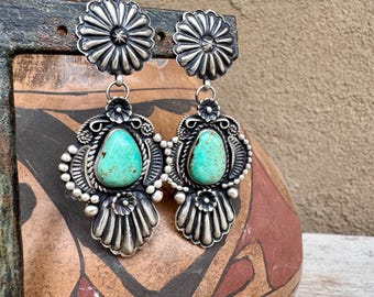 Navajo Eugene Charley Sterling Silver Turquoise Dangle Earrings 2.75"