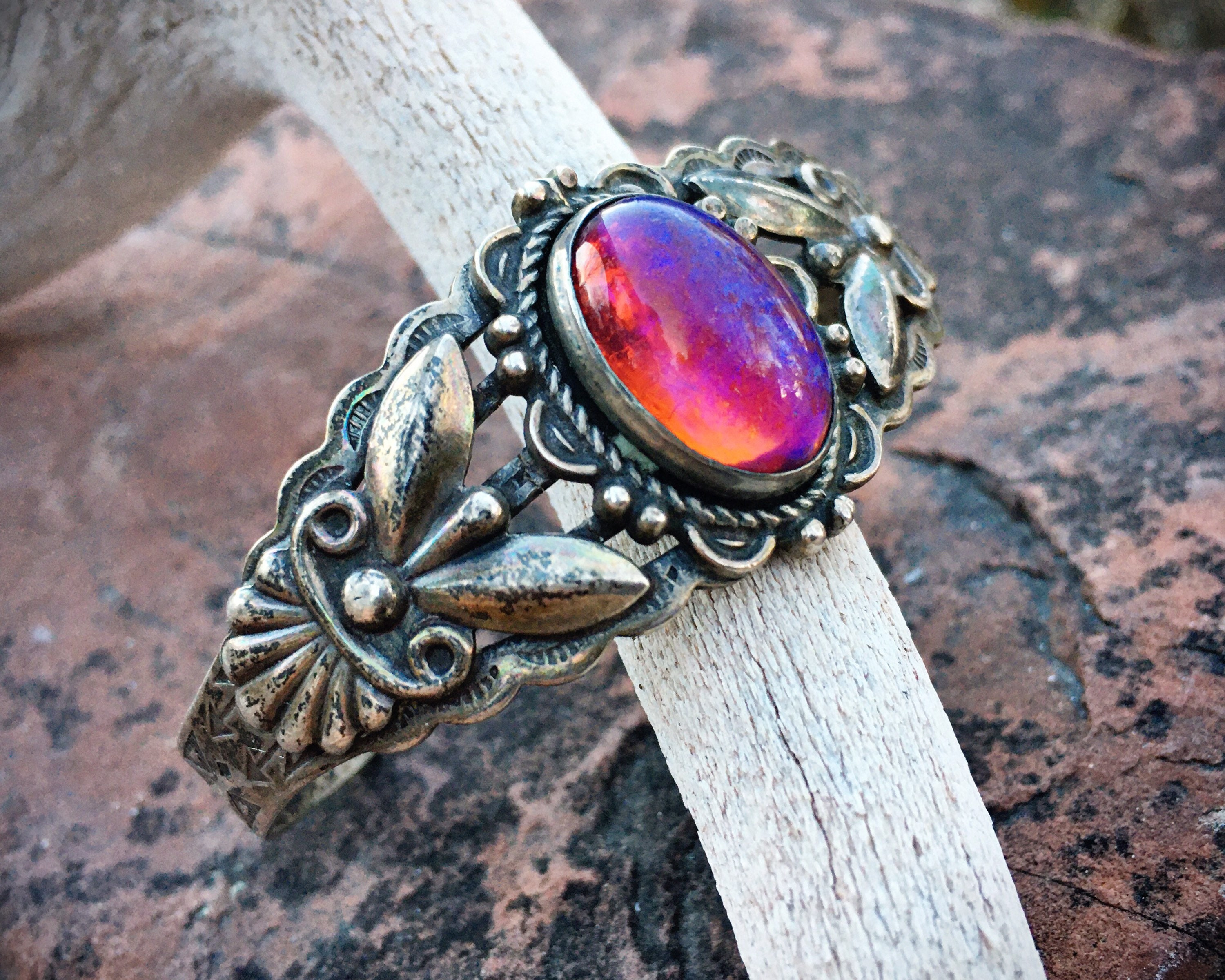 Fred Harvey Era Dragon S Breath Opal Sterling Silver Cuff Bracelet Southwestern Jewelry