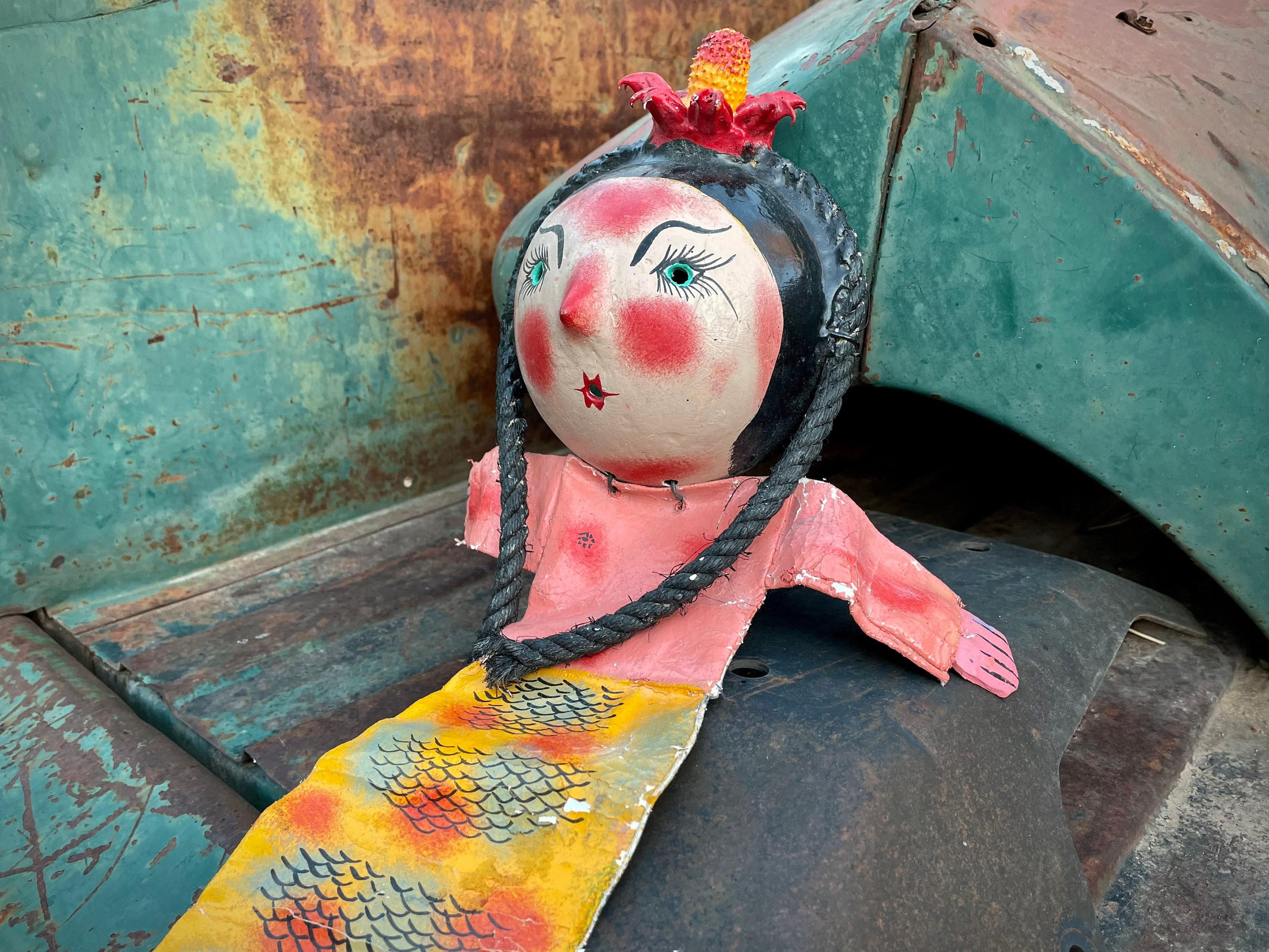 Vintage Mexican Folk Art Mermaid Coconut Shell Wall Hanging with Canvas