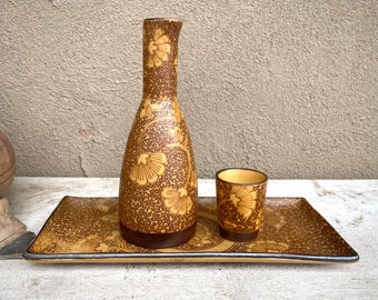 Traditional Japanese Sake Set, One Cup Bottle Tray, Gingko Flower Design, Yellow Brown Stoneware