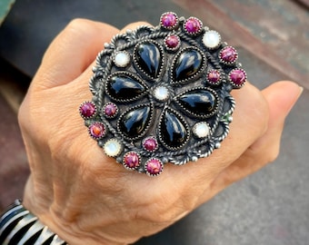 Large Size 8 Ring of Black Jet Purple Spiny Oyster White Mother of Pearl by Navajo Devin Brown, Native American Indian Jewelry, Rodeo Style