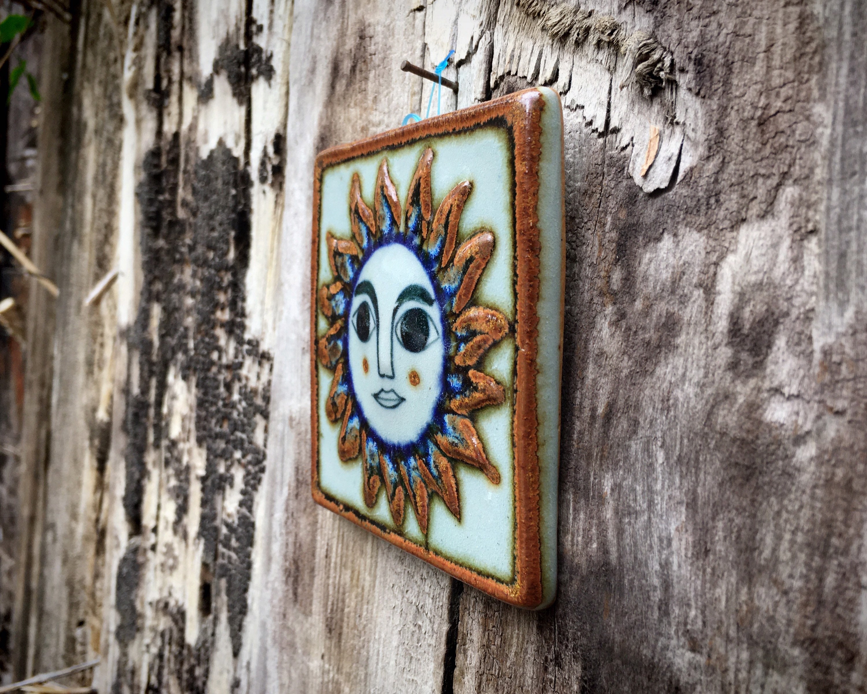 Small 4x4 Vintage Mexican Ceramic Tile Wall Hanging of Sun Face, Rustic