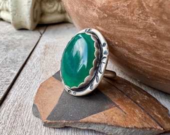 Navajo Sterling Silver Chrysoprase Ring Adj Band Approx Size 7, Native American Indian Jewelry