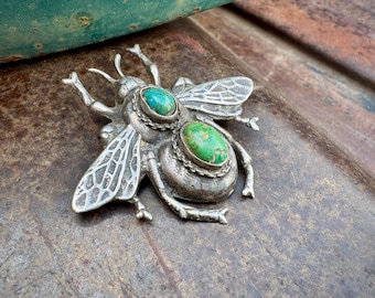 Large Sterling Silver Turquoise Insect Brooch, Oversized Fly 2.25" W x 2" T, 18g