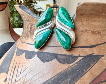 1990s Sterling Silver Chrysocolla Post Earrings, Teal Blue-Green Color, Vintage Southwest