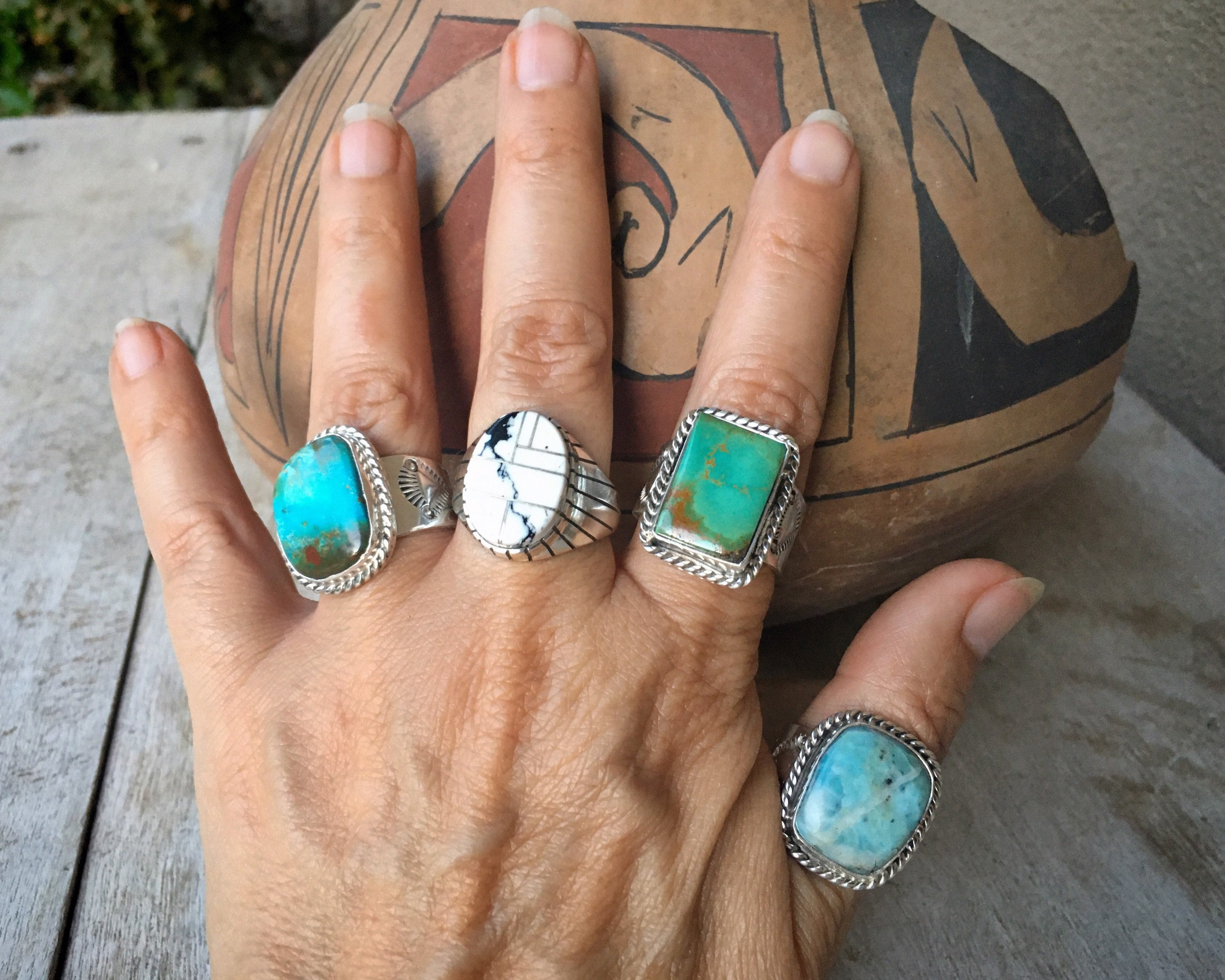 Men's Ring Size 12 White Buffalo Turquoise Channel Inlay, Native