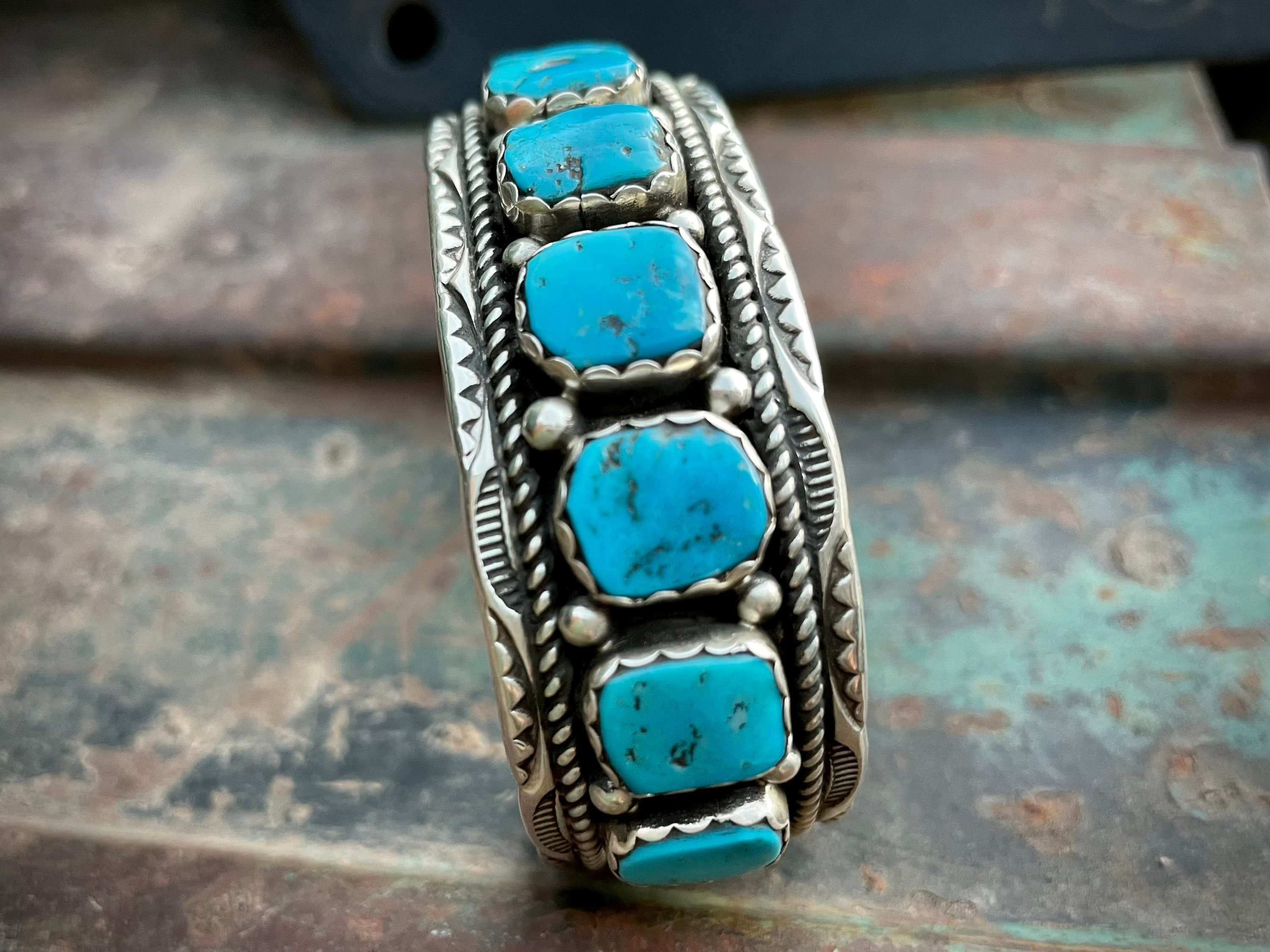 Marie Thompson Vintage Native American Navajo 12 Kingman Turquoise Sterling Silver Bracelet Marie Thompson Vintage Native American Navajo 12 Kingman Turquoise Sterling Silver Bracelet