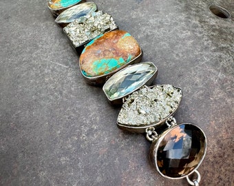Turquoise Smoky Quartz Link Bracelet Size 7 to 8.5, Sterling Silver Pyrite Druzy