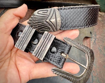 Vintage Navajo Tommy Singer Sterling Silver Ranger Belt Buckle (Tarnished), Four Pieces