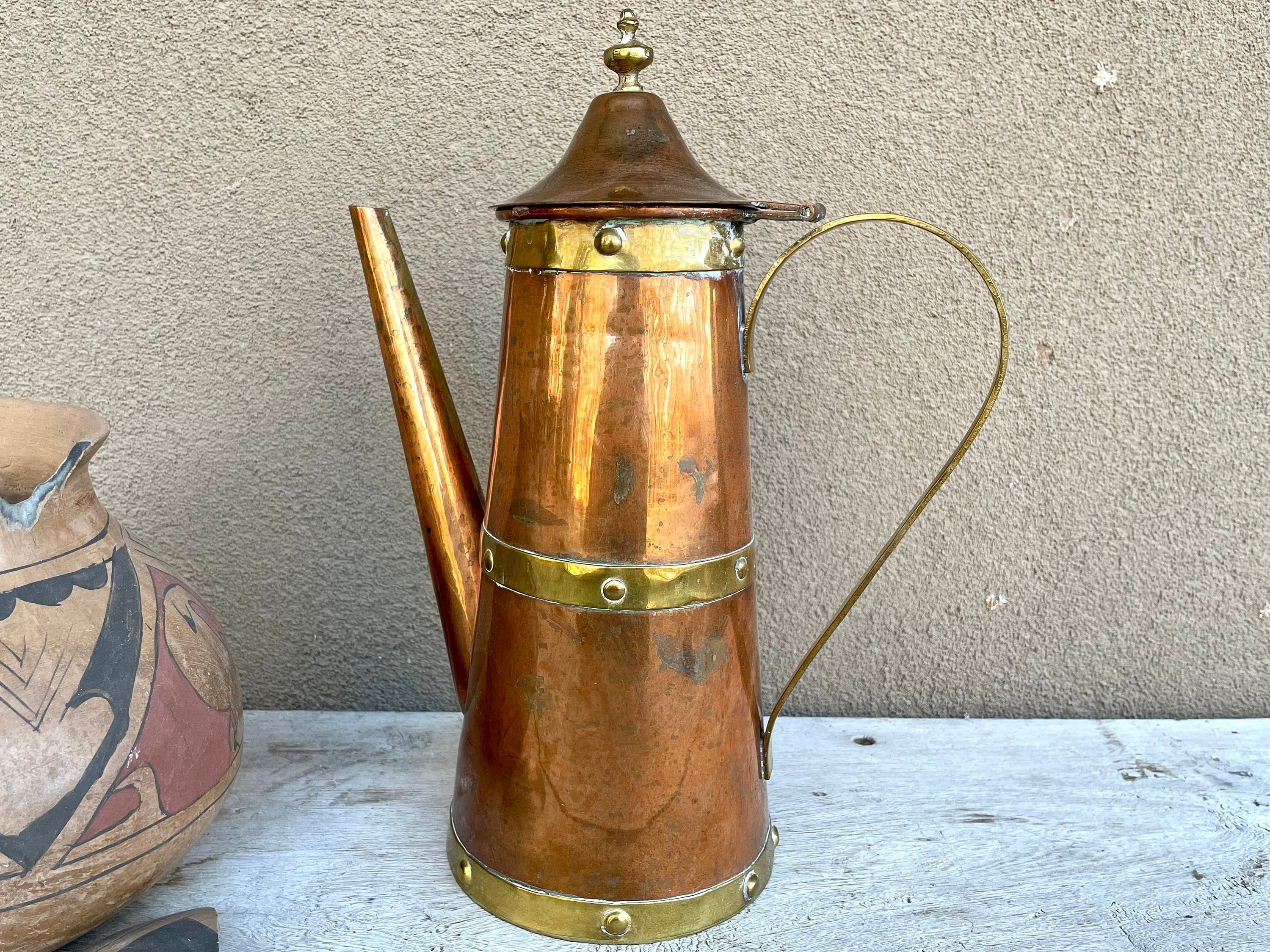 Copper Coffee Pot, Cream, and Sugar Set. Copper Coffee Serving Dishes with  Brass