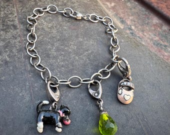 Vintage Starter Charm Bracelet Sterling Silver w/ Three Removable Amulets, 7.5" and 12g