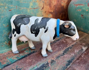 Vintage Cast Iron Black White Spotted Cow Statue Door Stop, Metal Holstein, Country Decor