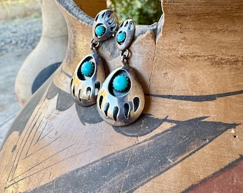 Sterling Silver Turquoise Bearpaw Dangle Post Earrings, Vintage Southwestern Style